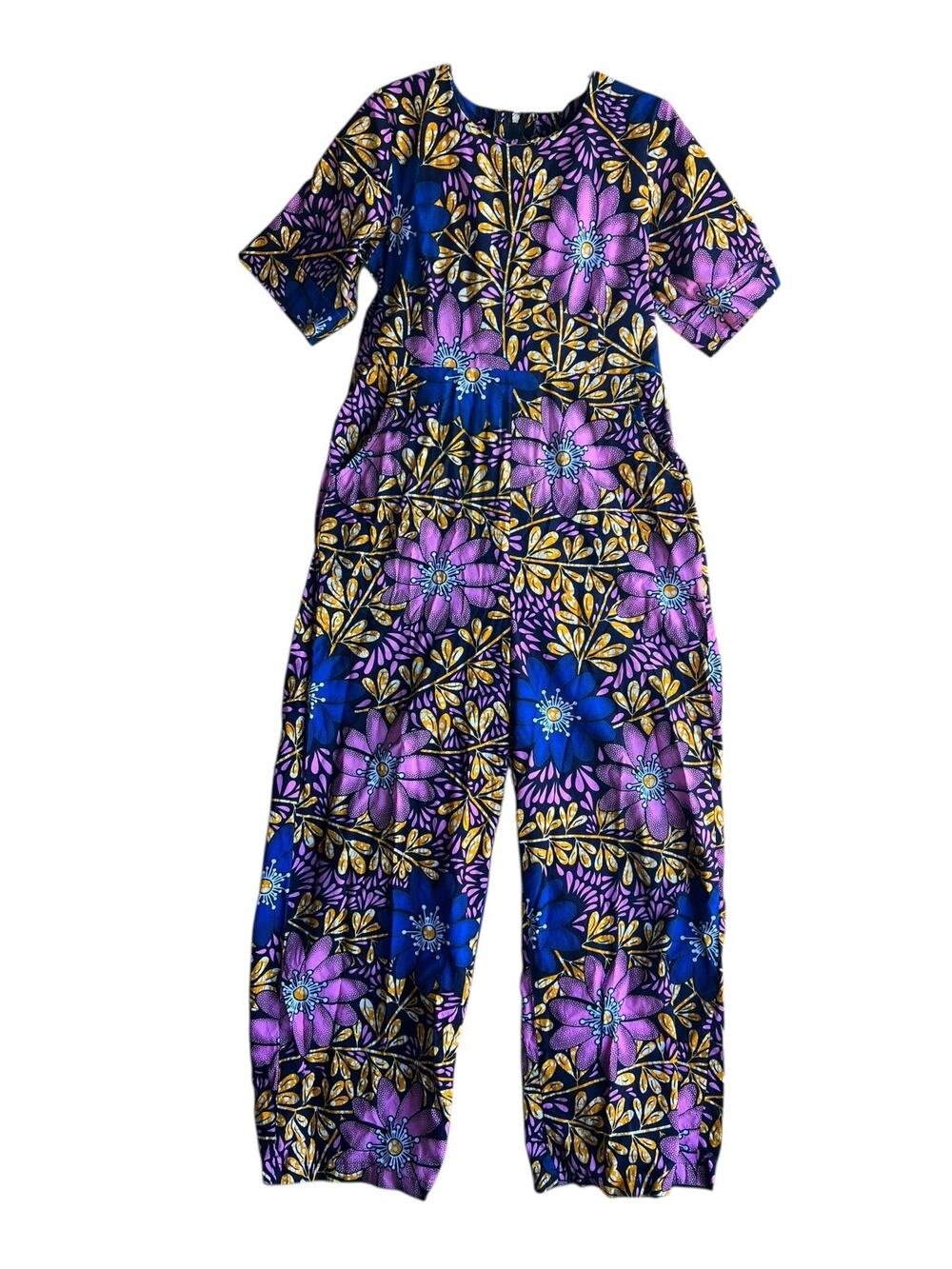 Vintage Women's Wide-Leg Funky Floral Jumpsuit Zip Back Purple Plus Size 1X